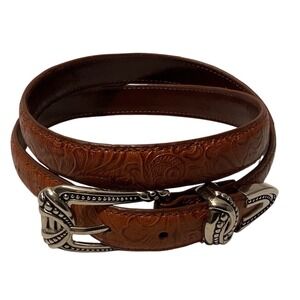 Vintage Floral Embossed Leather Western Belt Silver Buckle Cowgirl Boho Small